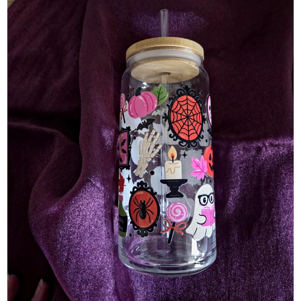 Gothic Spooky Reading Ghost Can Glass Cup Bamboo Lid Whimsical Autumnal